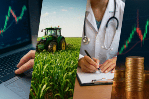 Como investir em ações em setores variados. Montagem realista mostrando diferentes setores da economia: tecnologia, agronegócio, saúde e finanças.