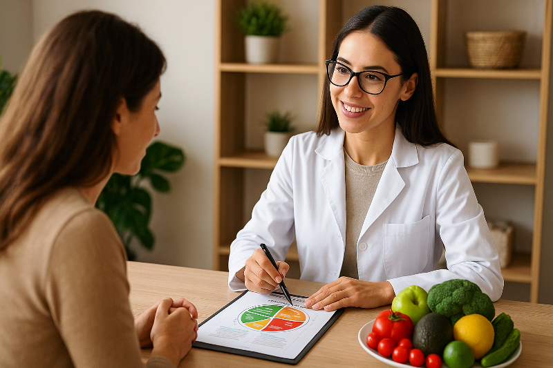 Nutrição funcional para saúde e bem-estar. Nutricionista orientando paciente sobre plano alimentar saudável, com frutas e verduras frescas na mesa.