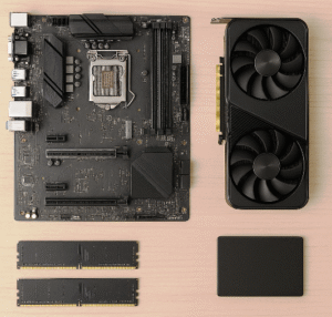 Componentes de PC organizados em superfície de madeira, incluindo placa-mãe, placa de vídeo, memórias RAM e SSD.