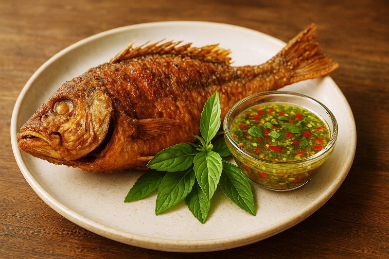 Peixe frito com vinagreira — tradição maranhense. Peixe frito servido com molho de vinagreira, prato típico maranhense.