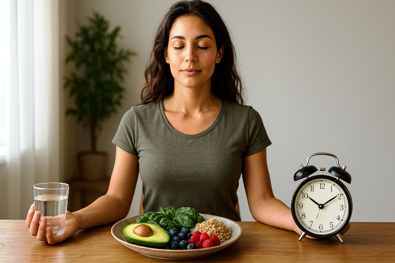 Jejum intermitente e bem-estar com alimentação saudável. Estilo de vida saudável com jejum intermitente e superalimentos.