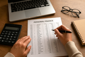 Organização e diagnóstico financeiro pessoal. Pessoa organizando planilhas financeiras em uma mesa com calculadora, notebook e óculos.