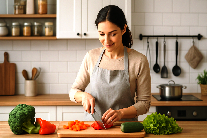 Truques culinários para facilitar a vida na cozinha. Truques culinários que facilitam a vida na cozinha – pessoa picando vegetais em ambiente organizado.