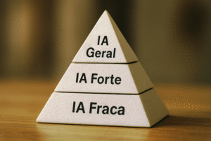 Pirâmide ilustrando os níveis da Inteligência Artificial: IA Fraca, IA Forte e IA Geral.