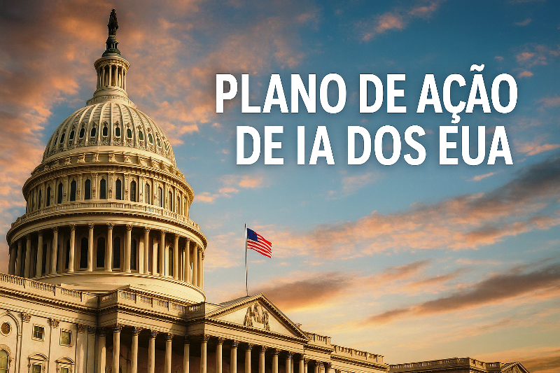 Plano de Ação de IA dos EUA representado pelo Capitólio em Washington com bandeira americana e céu ao entardecer.