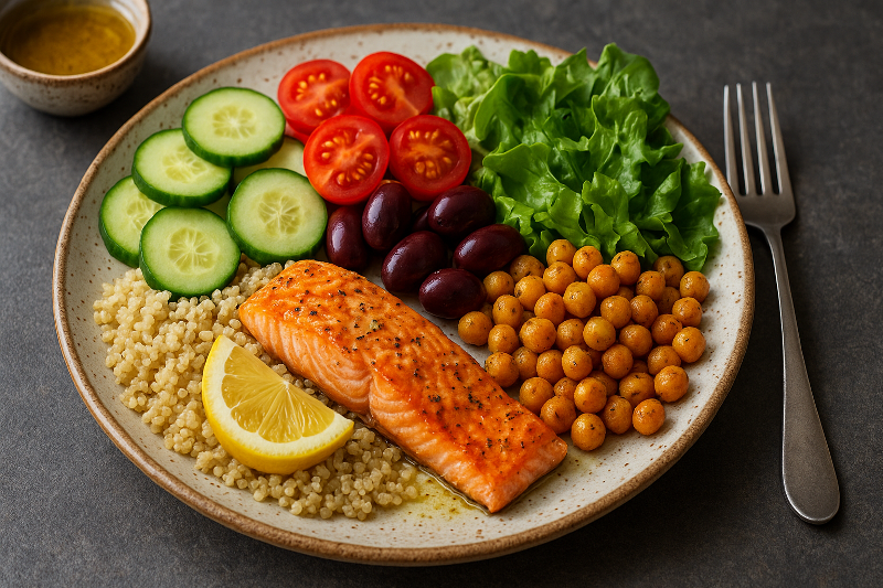 Prato mediterrâneo saudável e elegante para nutrição funcional. Prato equilibrado da dieta mediterrânea com salmão, grãos, grão-de-bico, azeitonas, pepino, tomate e folhas verdes.