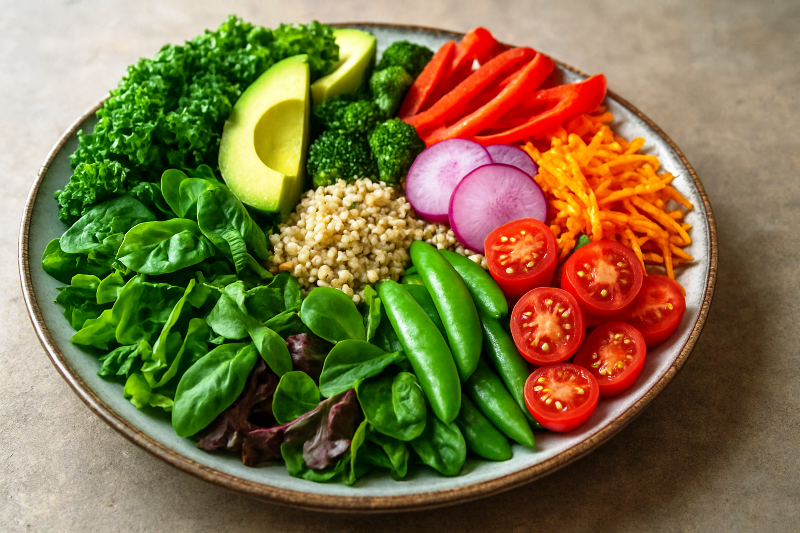 Prato elegante de vegetais frescos e coloridos para uma dieta saudável. Interesse crescente em dietas balanceadas, alimentos naturais e superalimentos.