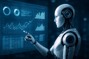 Robô analisando gráficos digitais em um painel futurista.