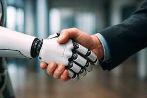 Um robô humanoide aperta a mão de um humano, simbolizando a interação entre tecnologia e relações humanas.