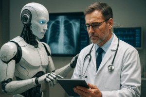 Robô humanoide auxiliando médico em diagnóstico com tablet em um consultório moderno.