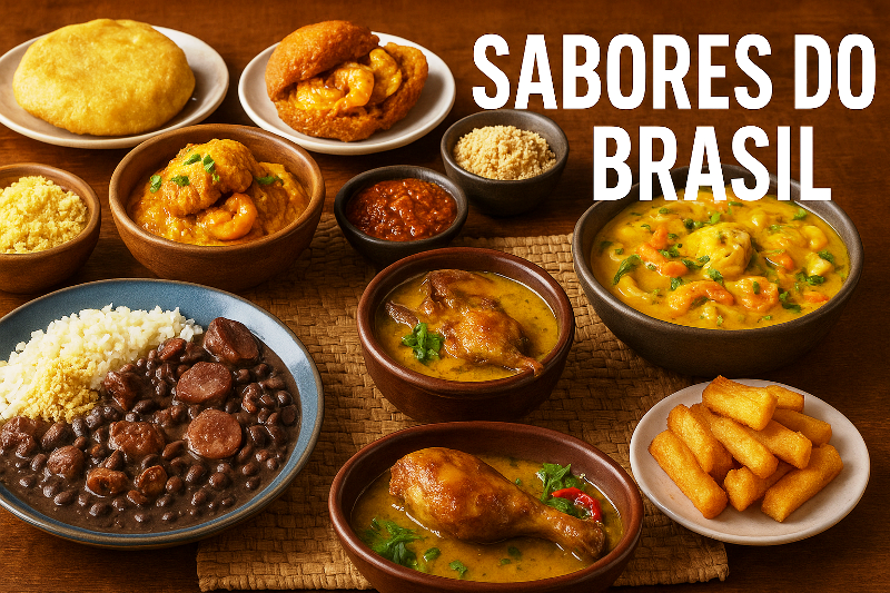 Pratos típicos do Brasil reunidos em mesa regional elegante.