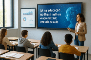Professora apresenta aula sobre inteligência artificial em uma sala moderna com tela interativa, enquanto alunos atentos acompanham.