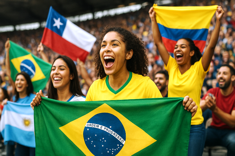 Torcida sul-americana vibrante no futebol feminino. Torcida apoiando o futuro do futebol feminino na América do Sul.