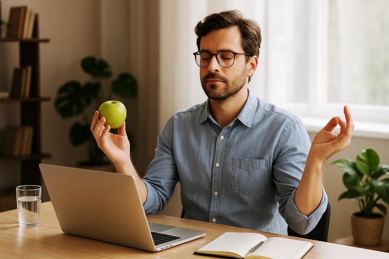 Equilíbrio e bem-estar no home office. Saúde mental em foco no trabalho e prevenção do burnout – trabalhador em home office equilibrando produtividade e bem-estar.