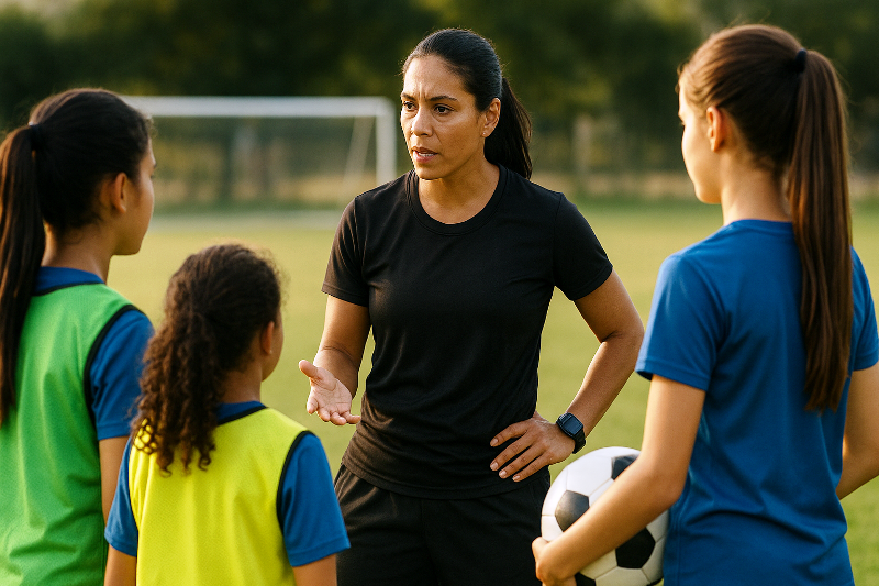 Treinadora e jovens atletas no futebol feminino. Categorias de base fortalecendo o futuro do futebol feminino na América do Sul.