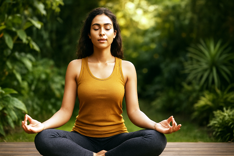 Pessoa meditando ao ar livre em posição de lótus, transmitindo calma e equilíbrio.