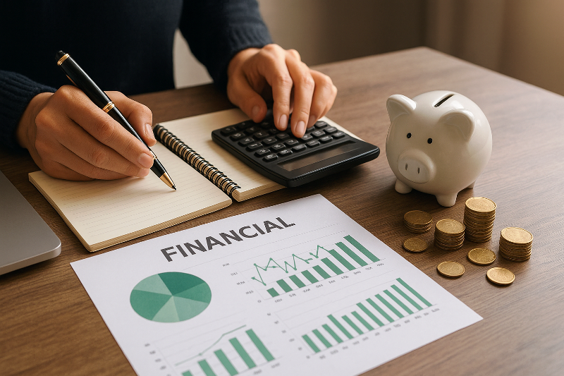 Diagnóstico e organização financeira representados por gráficos, cofre em forma de porquinho e cálculo no caderno.