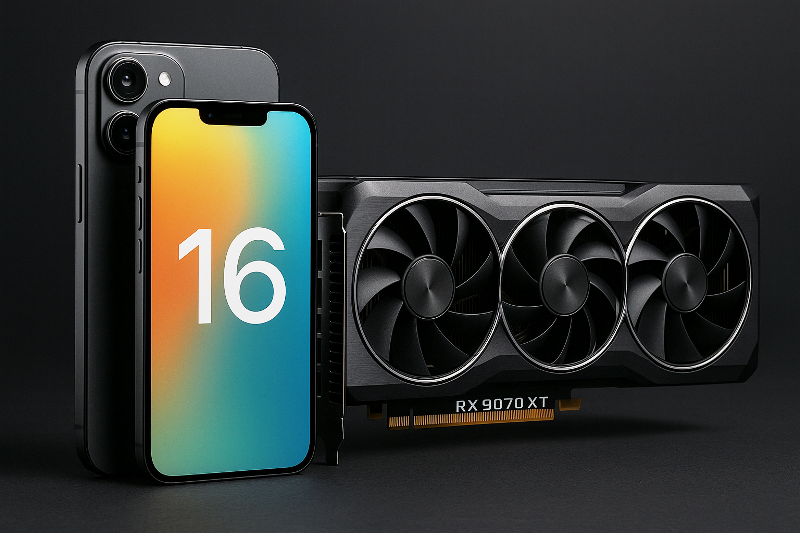 Imagem do iPhone 16 ao lado da placa de vídeo RX 9070 XT, destacando os dois gadgets mais aguardados de 2025.