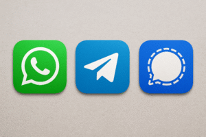 Comparativo do melhor aplicativo de mensagens em 2025: ícones do WhatsApp, Telegram e Signal lado a lado.