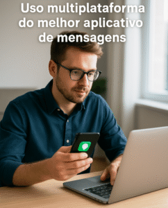 Homem usando aplicativo de mensagens no celular enquanto trabalha no notebook.