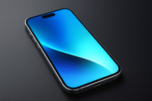 Render 3D realista de um smartphone futurista com bordas finas, tela vibrante em tons de azul e design minimalista.