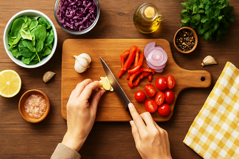 Truques culinários que facilitam a vida na cozinha com ingredientes frescos cortados sobre tábua de madeira.