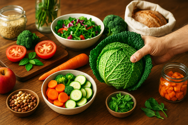 Alimentação saudável e sustentável – mesa com legumes frescos, grãos, pão artesanal e folhas verdes em ambiente acolhedor.