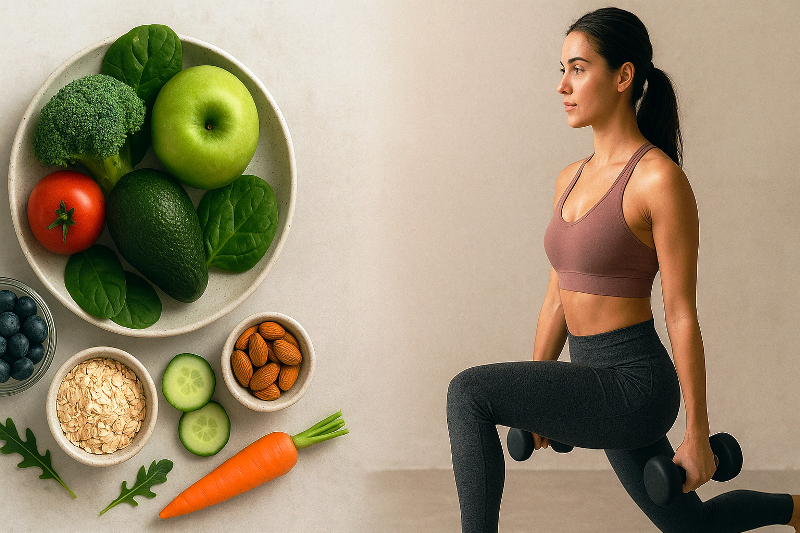 Hábitos saudáveis para a saúde da mulher. Saúde feminina representada por alimentos naturais e prática de exercícios físicos.