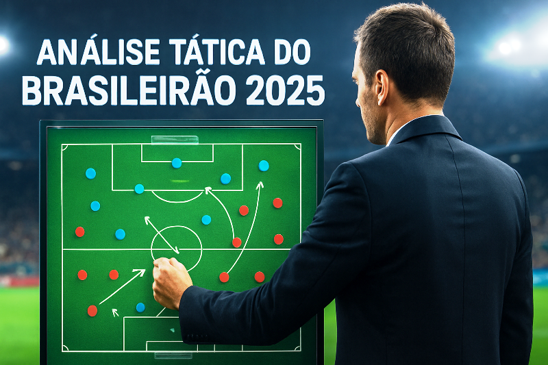Análise Tática do Brasileirão 2025 em destaque – técnico ajustando estratégias no quadro tático.