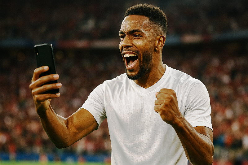 Atleta celebrando e compartilhando a vitória nas redes sociais. Influência das redes sociais na carreira dos atletas de alto rendimento.