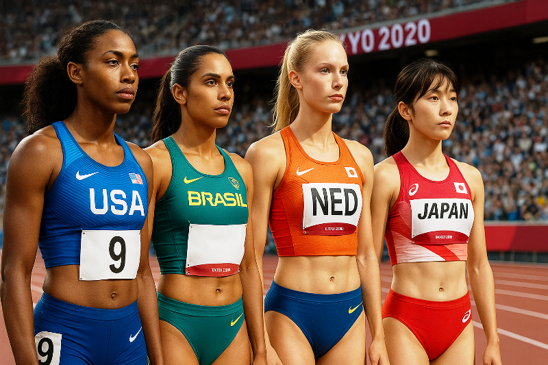 Atletas olímpicas em Tóquio 2020: a força feminina no esporte. Atletas olímpicas alinhadas na pista durante as Olimpíadas de Tóquio 2020, representando EUA, Brasil, Holanda e Japão.