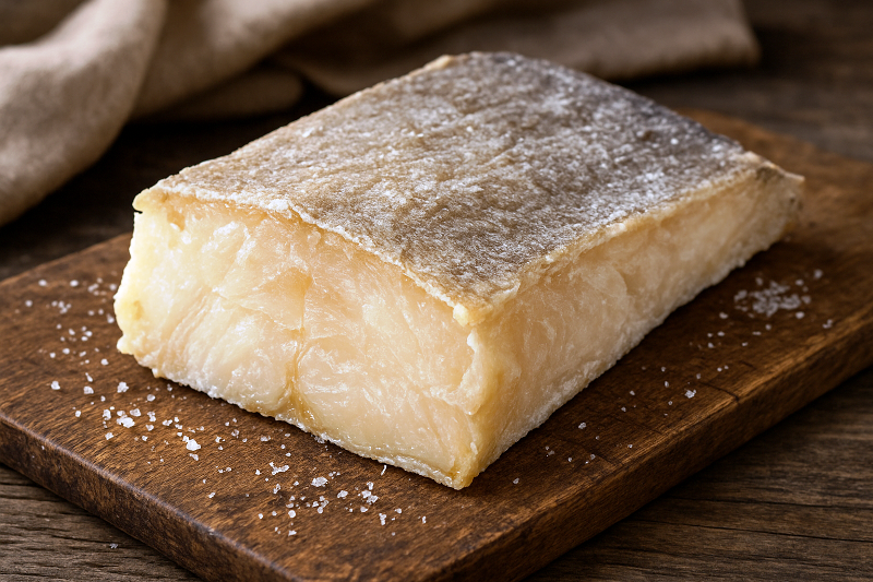 Posta de bacalhau seco – ingrediente tradicional da culinária portuguesa, pronto para dessalgar. Bacalhau seco em posta sobre uma tábua de madeira rústica, com grãos de sal ao redor.