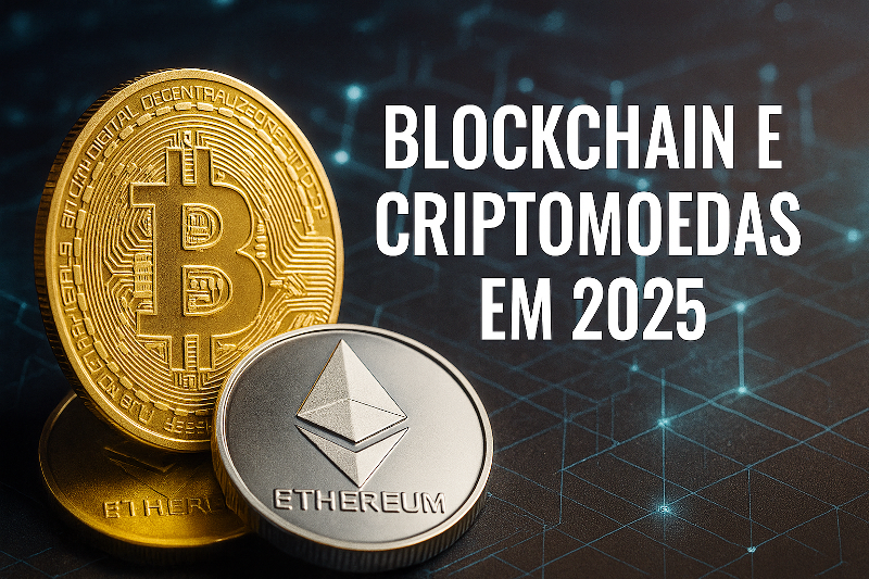 Moedas físicas de Bitcoin dourado e Ethereum prateado em destaque, com fundo digital de blockchain e texto "Blockchain e Criptomoedas em 2025".