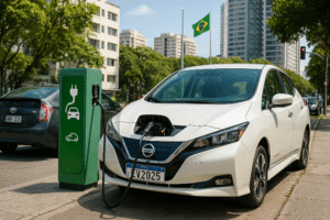 Carro elétrico Nissan Leaf conectado a um carregador verde em um posto urbano no Brasil, com bandeira brasileira ao fundo e prédios modernos.
