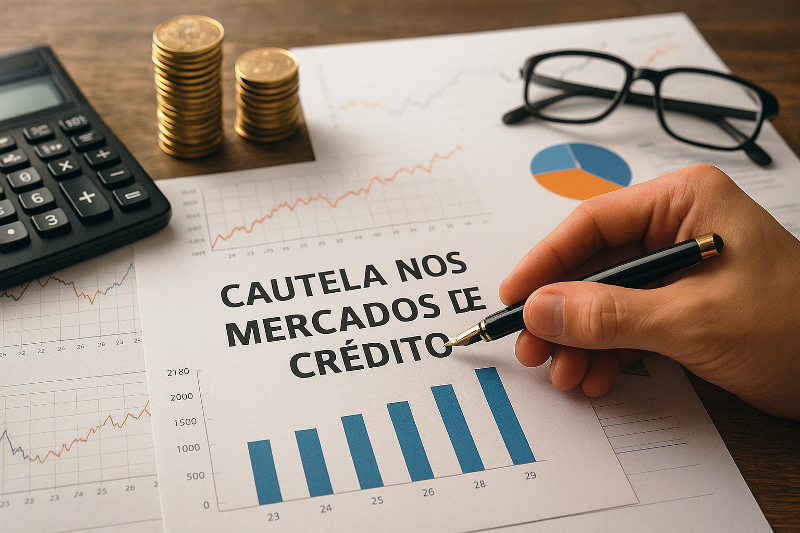 Cautela nos mercados de crédito: análise financeira com gráficos, moedas e documentos sobre gestão de riscos