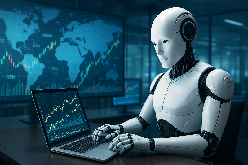 Robô analisando gráficos financeiros em laptop em um centro tecnológico moderno. Robô analisando gráficos financeiros em laptop em um centro tecnológico moderno.