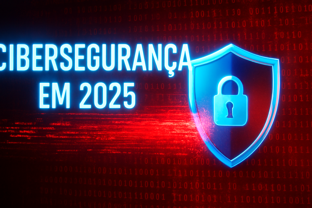 Cibersegurança em 2025 representada por um escudo azul luminoso bloqueando ataques digitais em fundo vermelho com código binário.