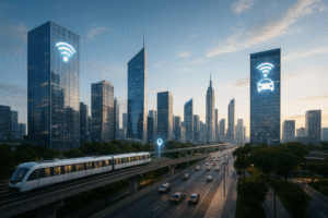 Skyline de uma cidade moderna com tecnologia urbana.