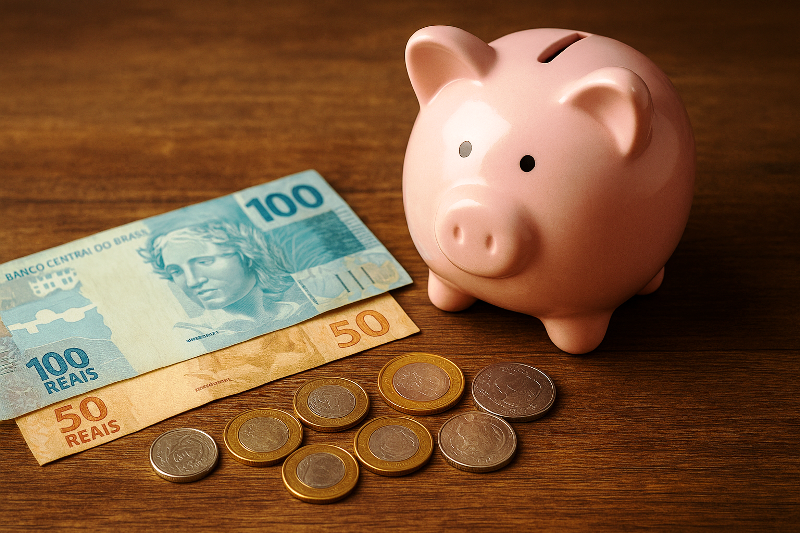 Cofrinho rosa ao lado de notas de 100 e 50 reais e moedas brasileiras sobre superfície de madeira.