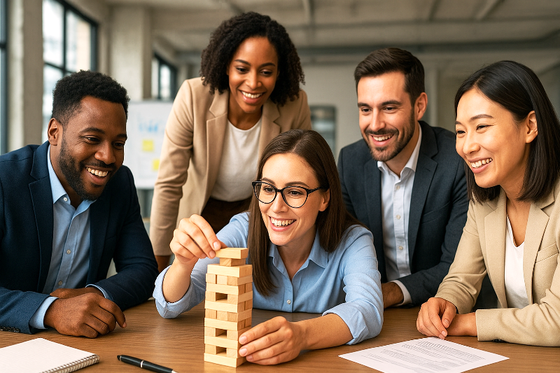 Colaboradores em treinamento corporativo com jogos educacionais. Jogos como ferramenta educacional em empresas.
