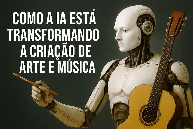 Robô humanoide segurando um pincel em uma mão e um violão na outra, ao lado do texto “Como a IA está transformando a criação de arte e música”.