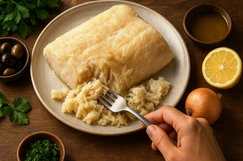 Peça de bacalhau dessalgado em prato de cerâmica, cercada por ingredientes frescos como limão, cebola, azeitonas e salsa.