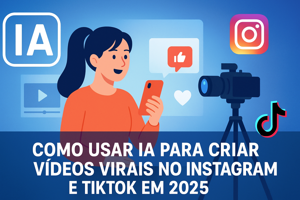 Jovem criadora de conteúdo usando IA para gravar vídeos virais no Instagram e TikTok em 2025.