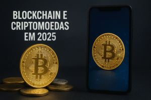Comparação entre moedas físicas e digitais em 2025, com Bitcoin físico ao lado de versão digital em smartphone.