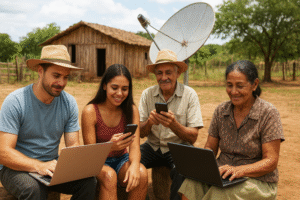 Comunidade rural conectada à internet via satélite usando celulares e notebooks.