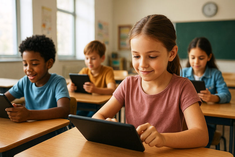Educação digital, tecnologia na sala de aula, aprendizado interativo. Crianças usando tablets em sala de aula.