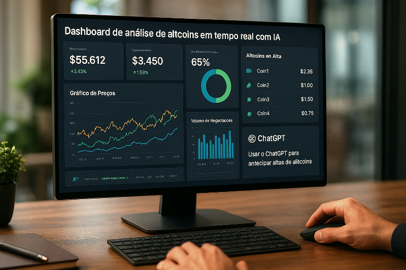 Dashboard de análise de altcoins em tempo real com IA e ChatGPT. Dashboard de análise de altcoins em tempo real com IA exibido em um monitor widescreen, mostrando gráficos de preços, indicadores de mercado e seção destacando o uso do ChatGPT para antecipar altas de altcoins.