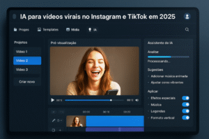 Dashboard moderno de uma ferramenta de IA para edição de vídeos virais no Instagram e TikTok em 2025, exibindo interface escura com painel de projetos.