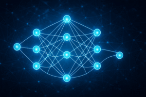 title="História da inteligência artificial: do MIT à OpenAI – evolução das redes neurais" Diagrama de redes neurais modernas iluminado em azul, representando a evolução da inteligência artificial.