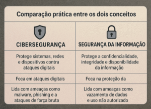 Diferença entre cibersegurança e segurança da informação em tabela comparativa.